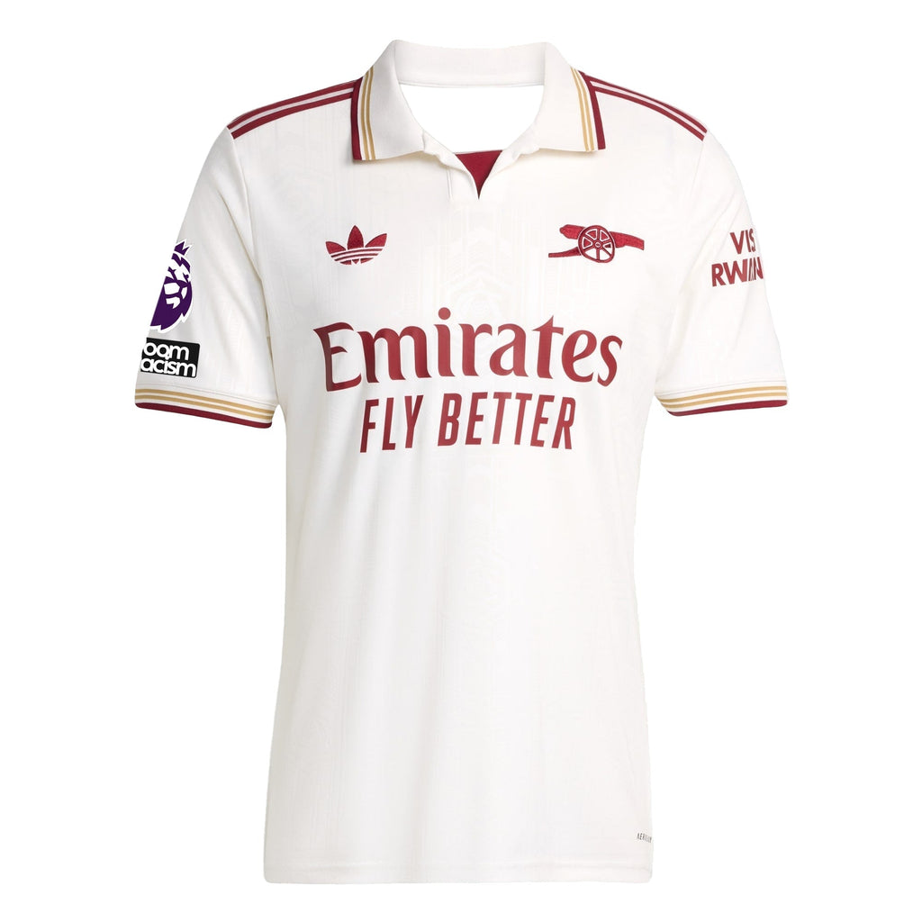 adidas Saka Men's Arsenal FC Third Jersey 25/26 w/ NRFR + EPL Patches (White/Burgundy)