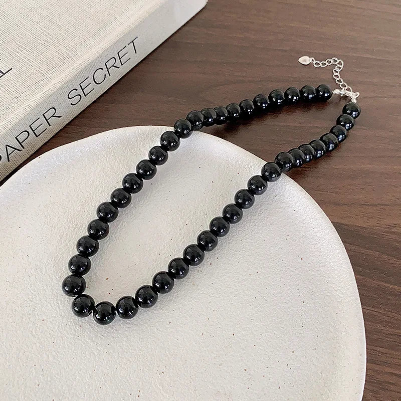 Trendy Black Pearl Necklace for Women, Popular Style, High-End Feel, Niche Versatile Beaded Collarbone Chain, Vintage Accessories