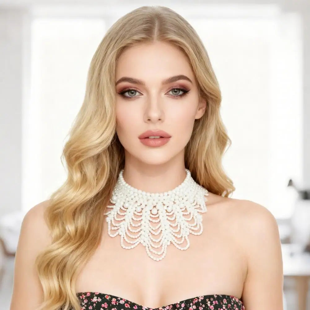 Imitation Pearl Fake Collar Necklace Hollow Design Imitation Pearl Bib Necklace Multi Layer Detachable Collar Dress Accessory