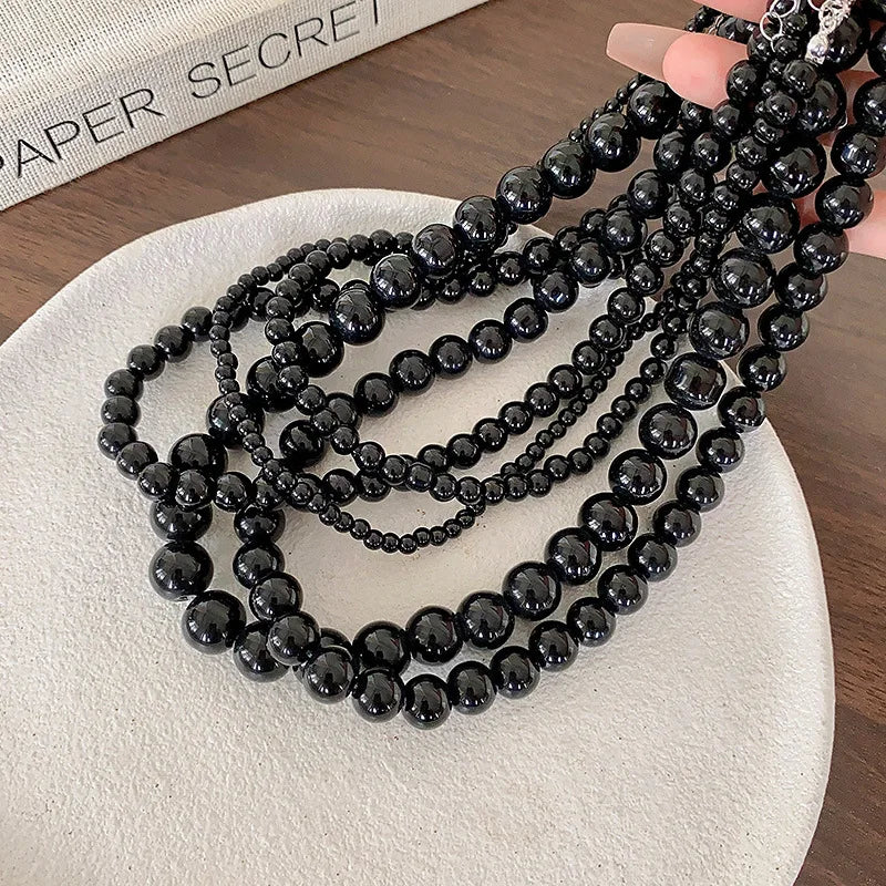 Trendy Black Pearl Necklace for Women, Popular Style, High-End Feel, Niche Versatile Beaded Collarbone Chain, Vintage Accessories