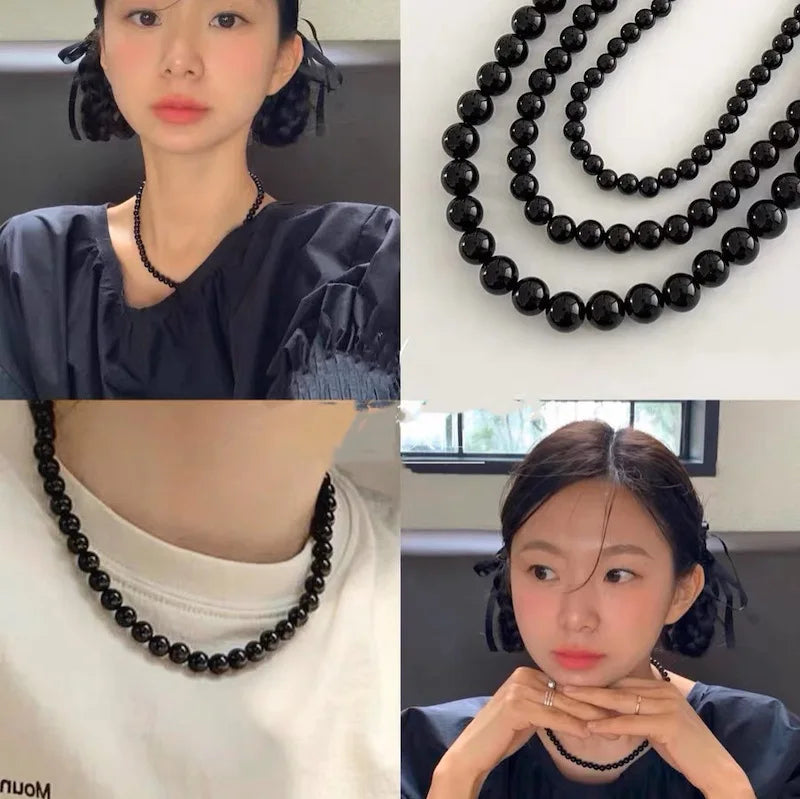 Trendy Black Pearl Necklace for Women, Popular Style, High-End Feel, Niche Versatile Beaded Collarbone Chain, Vintage Accessories