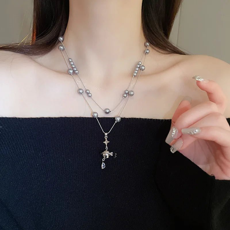 Diamond-encrusted Saturn Water Drop Pearl Necklace French Light Luxury Premium Sweater Chain Versatile Christmas Birthday Gift