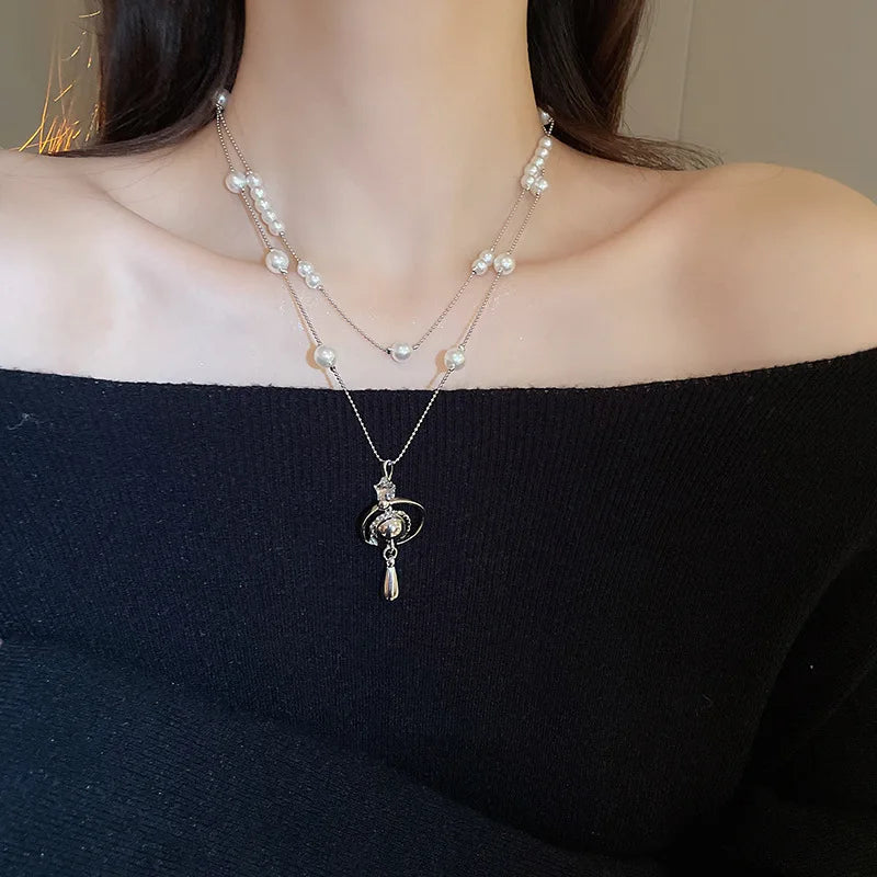 Diamond-encrusted Saturn Water Drop Pearl Necklace French Light Luxury Premium Sweater Chain Versatile Christmas Birthday Gift