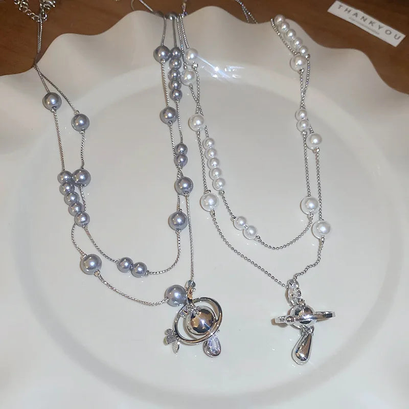 Diamond-encrusted Saturn Water Drop Pearl Necklace French Light Luxury Premium Sweater Chain Versatile Christmas Birthday Gift